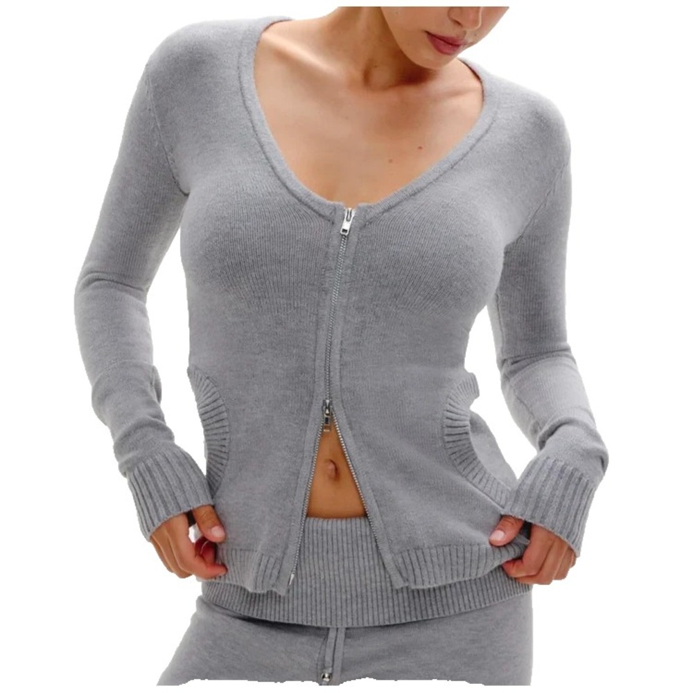Frankies Bikinis Sienna Zip Up Cloud Knit Sweater Size M Gray Deep V-Neck Sexy